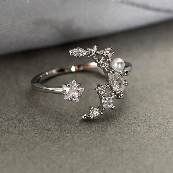 Shiny Star Moon Design Silver Rose Gold Plated CZ Ring for Women, HA4420 - Picture 1 of 3